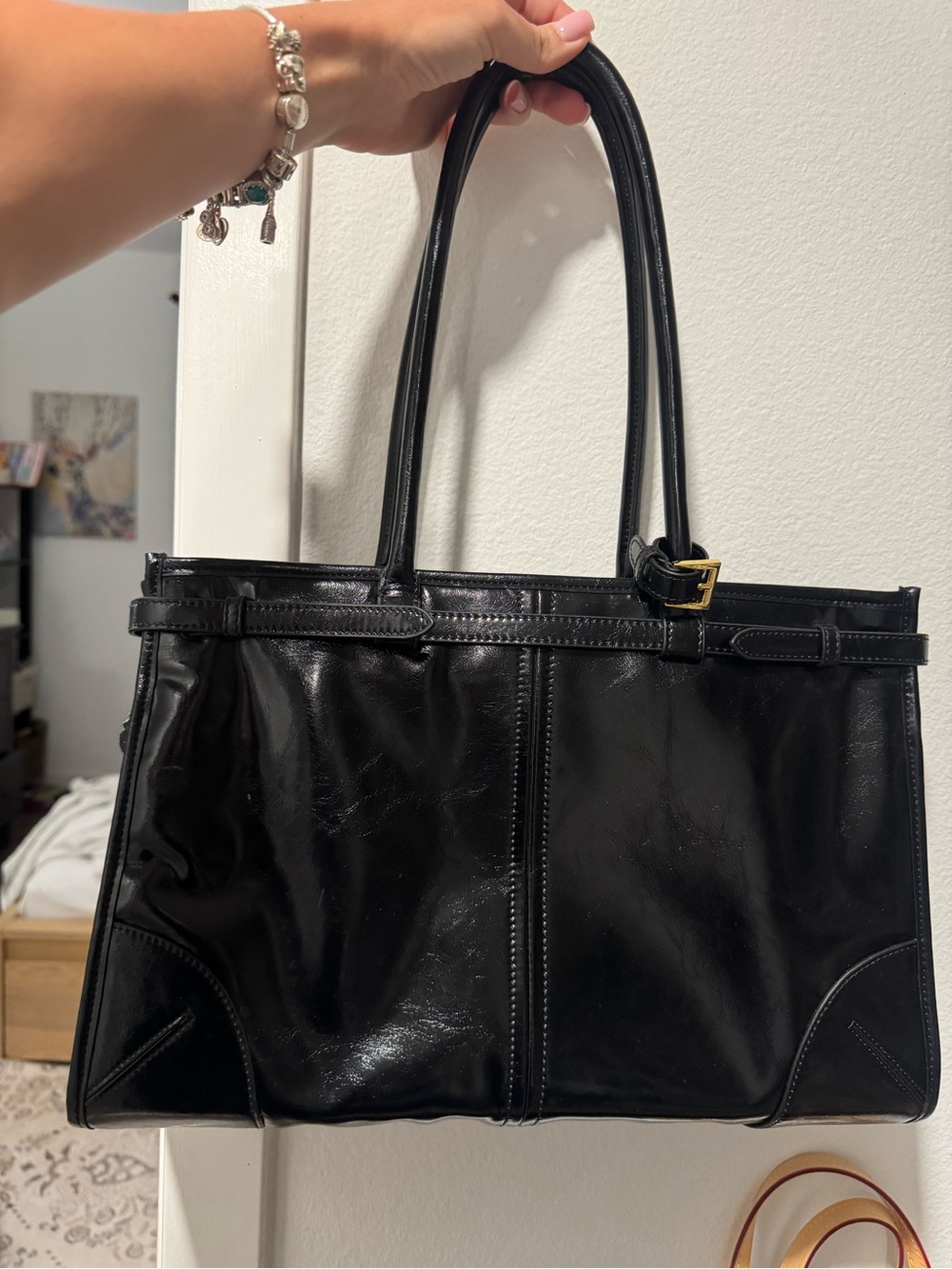 Black Patent Leather Double-Handle Tote with Gold Hardware - Picture 2 of 2